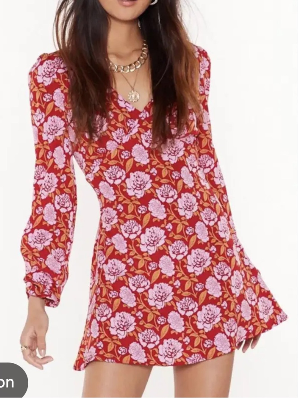 Nasty Gal groove is in the heart red pink Floral V-Neck Long Sleeve Mini Dress 2